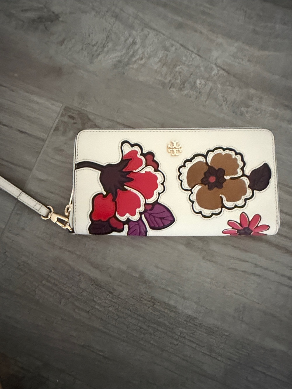 Tory Burch Floral Wristlet Wallet - White with Pink & Brown Flowers